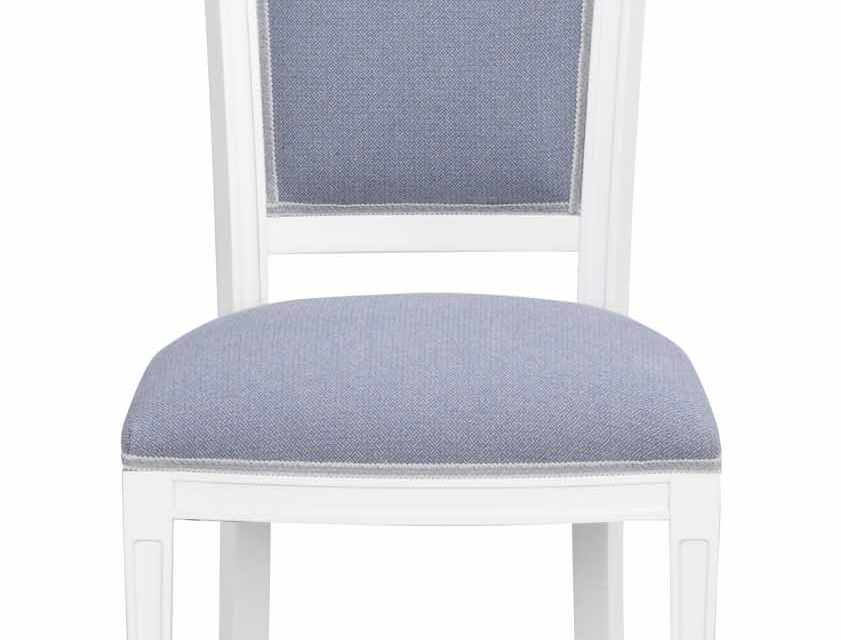 Amore spisebordsstol – hvidt træ og blåt stof